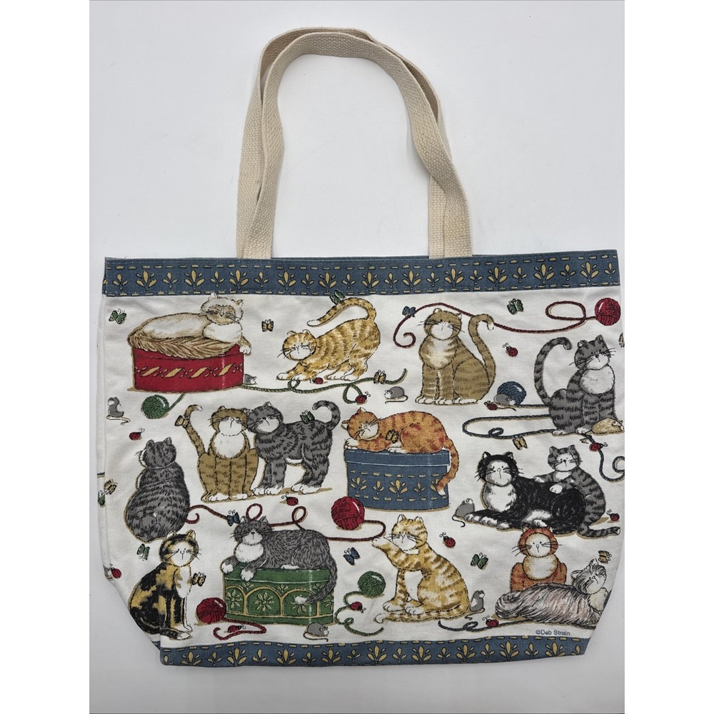 Deb Strain Fun Vintage Cat Large Tote Bag Double Handle Yarn Butterfly Ladybugs